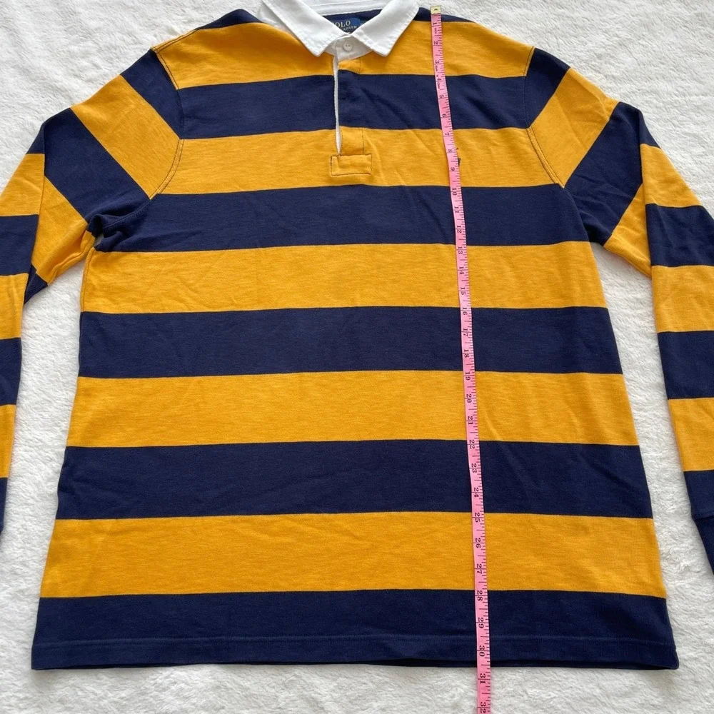 Polo Ralph Lauren Mens Rugby Shirt Navy Yellow Striped Custom Slim Fit Logo XL
